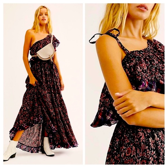 Free People Dresses & Skirts - FREE PEOPLE WHAT ABOUT LOVE ONE SHOULDER FLOWY PLAID MAXI DRESS BLACK MOTIF M